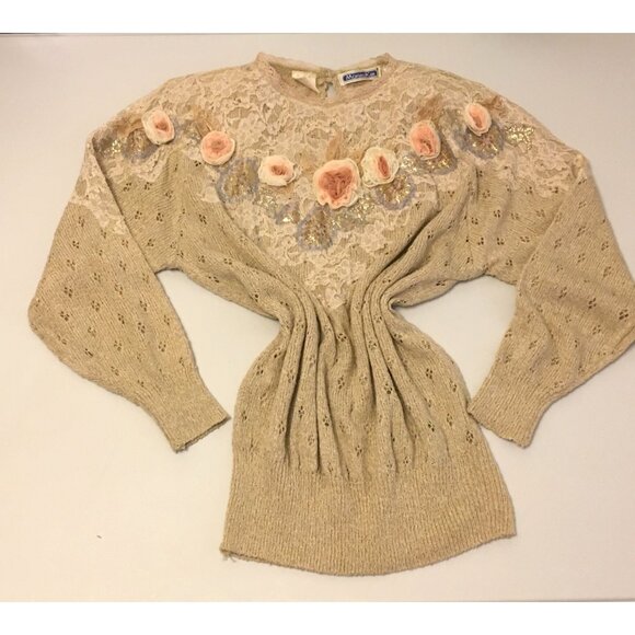 Vintage 80s Grannnycore Sweater Lace Rosettes Gold Metallic Grandma Mom Twee (BT - Picture 1 of 12